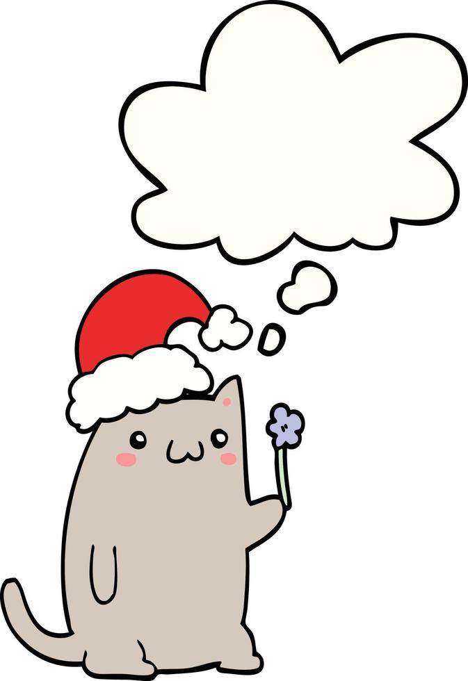 chat de noël dessin animé mignon et bulle de pensée vecteur