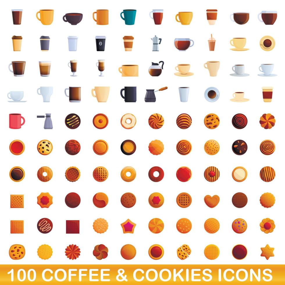 Ensemble de 100 icônes café et biscuits, style dessin animé vecteur