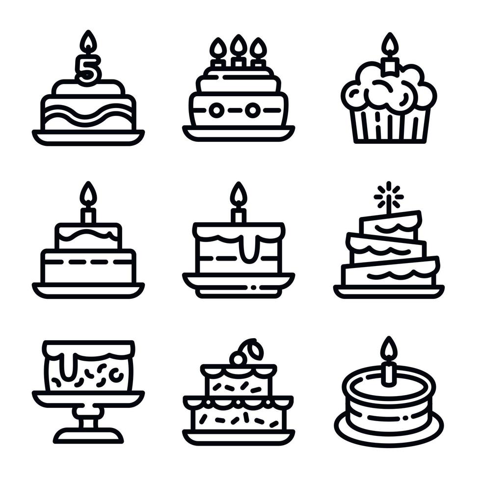 jeu d'icônes d'anniversaire de gâteau, style de contour vecteur