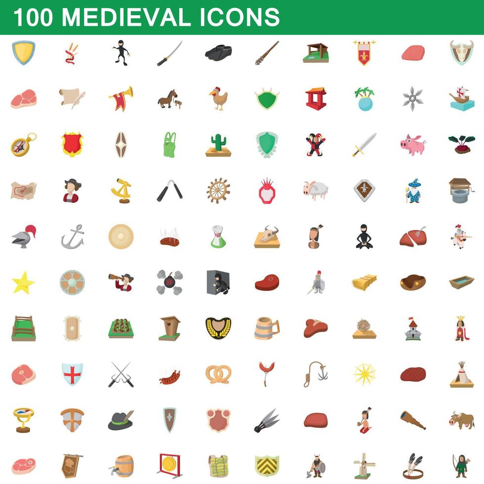 Ensemble de 100 icônes médiévales, style dessin animé vecteur