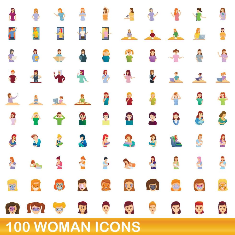 Ensemble de 100 icônes de femme, style cartoon vecteur