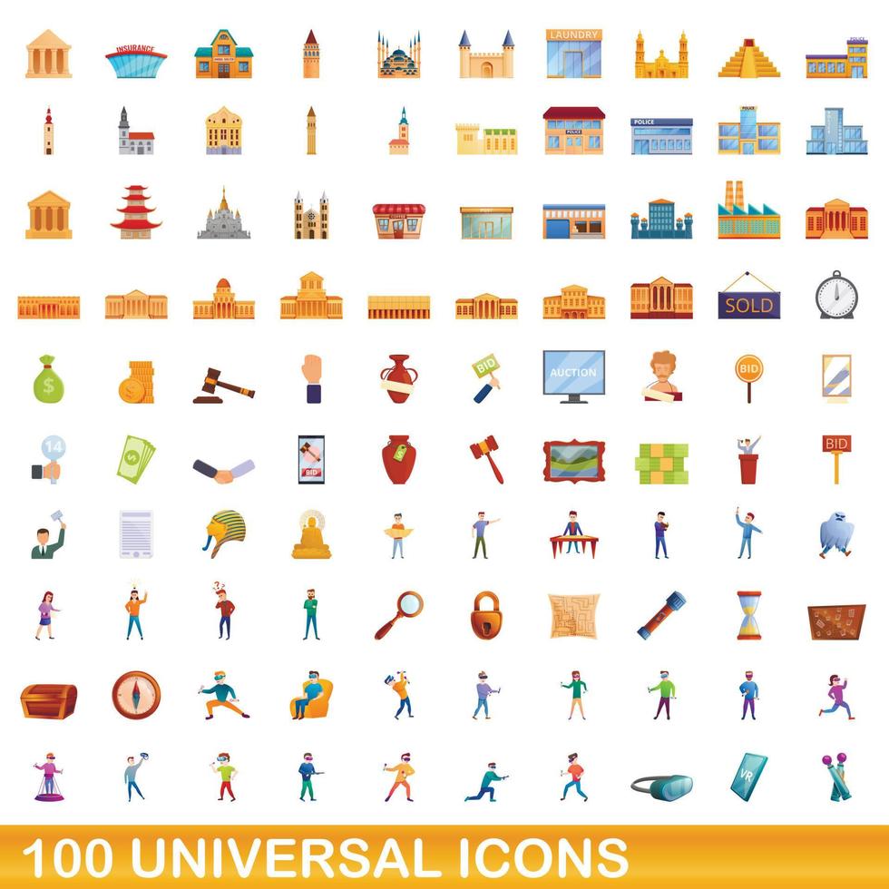 Ensemble de 100 icônes universelles, style dessin animé vecteur