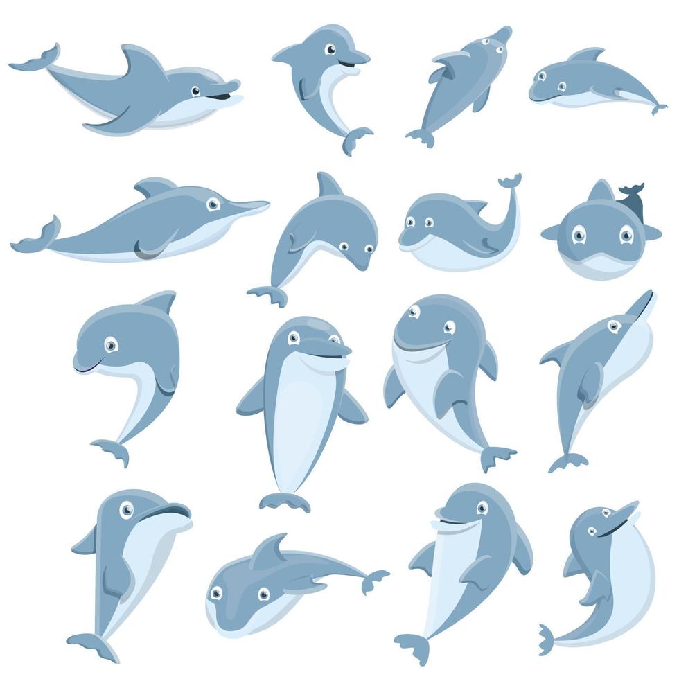 jeu d'icônes de dauphin, style dessin animé vecteur