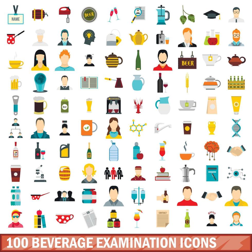 Ensemble d'icônes d'examen de 100 boissons, style plat vecteur
