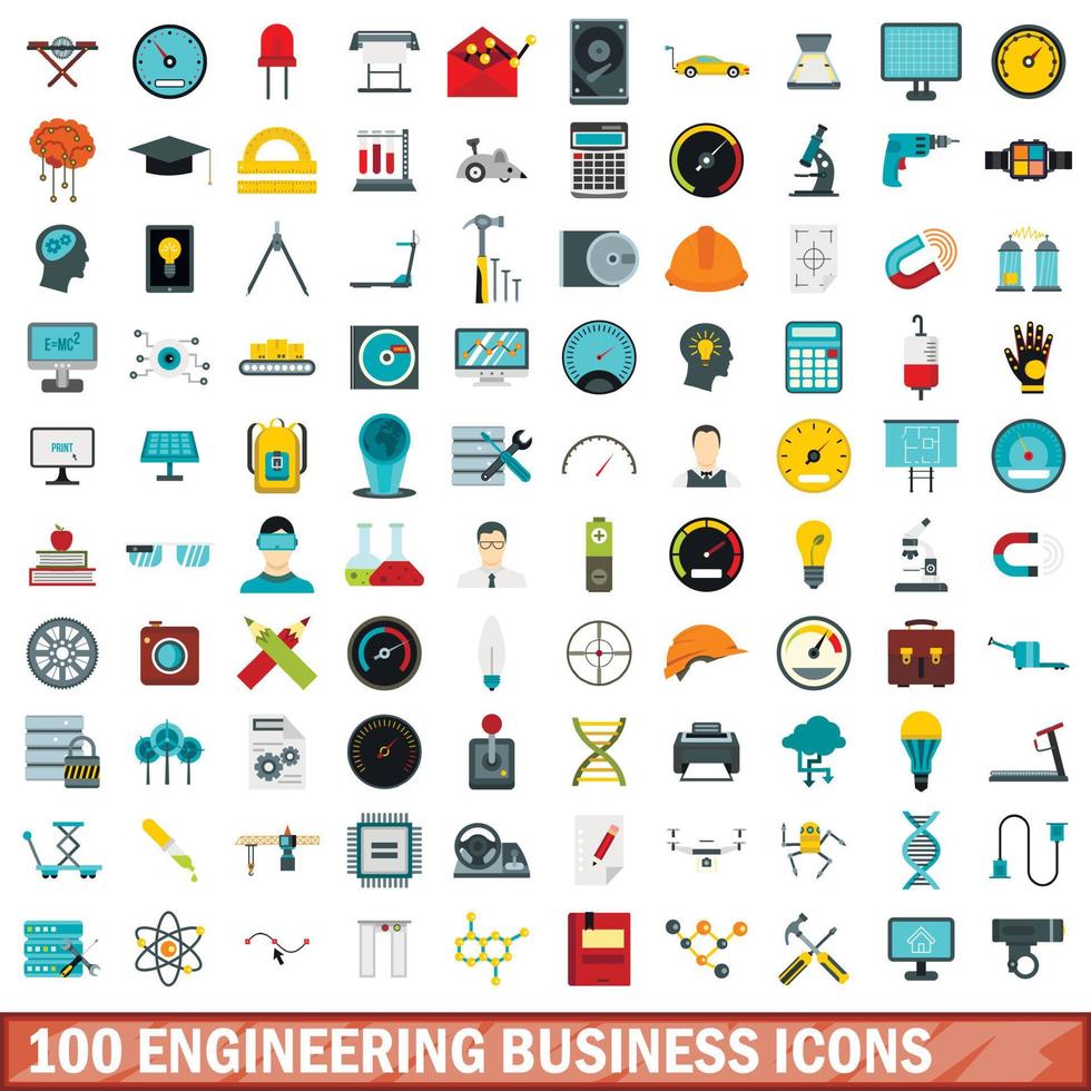 Ensemble de 100 icônes d'affaires d'ingénierie, style plat vecteur