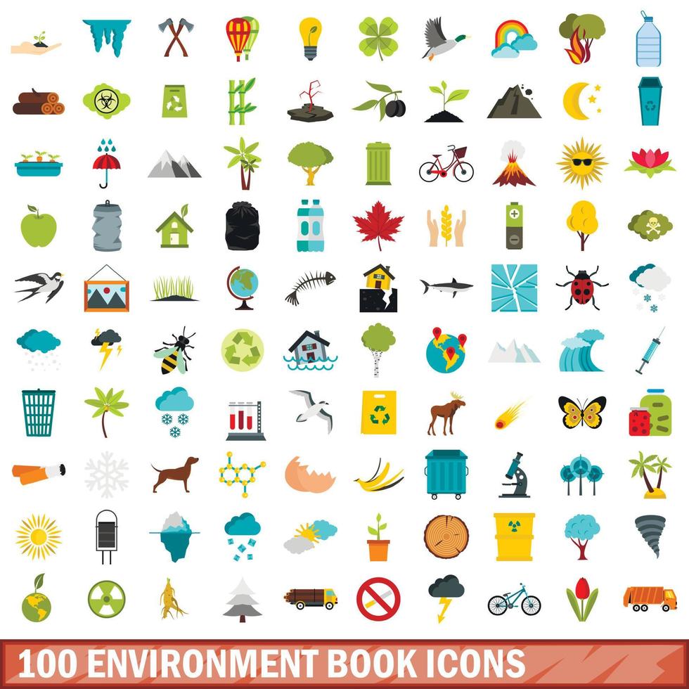 Ensemble de 100 icônes de livre d'environnement, style plat vecteur