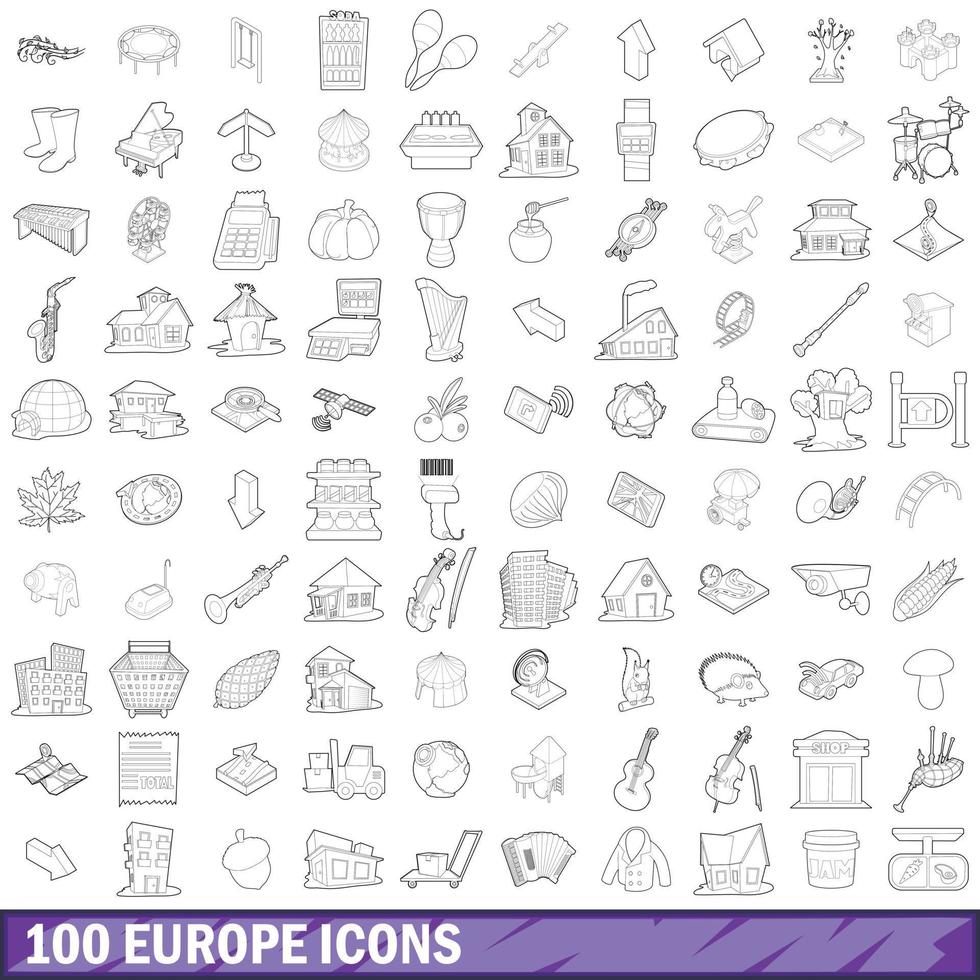 Ensemble de 100 icônes d'Europe, style de contour vecteur