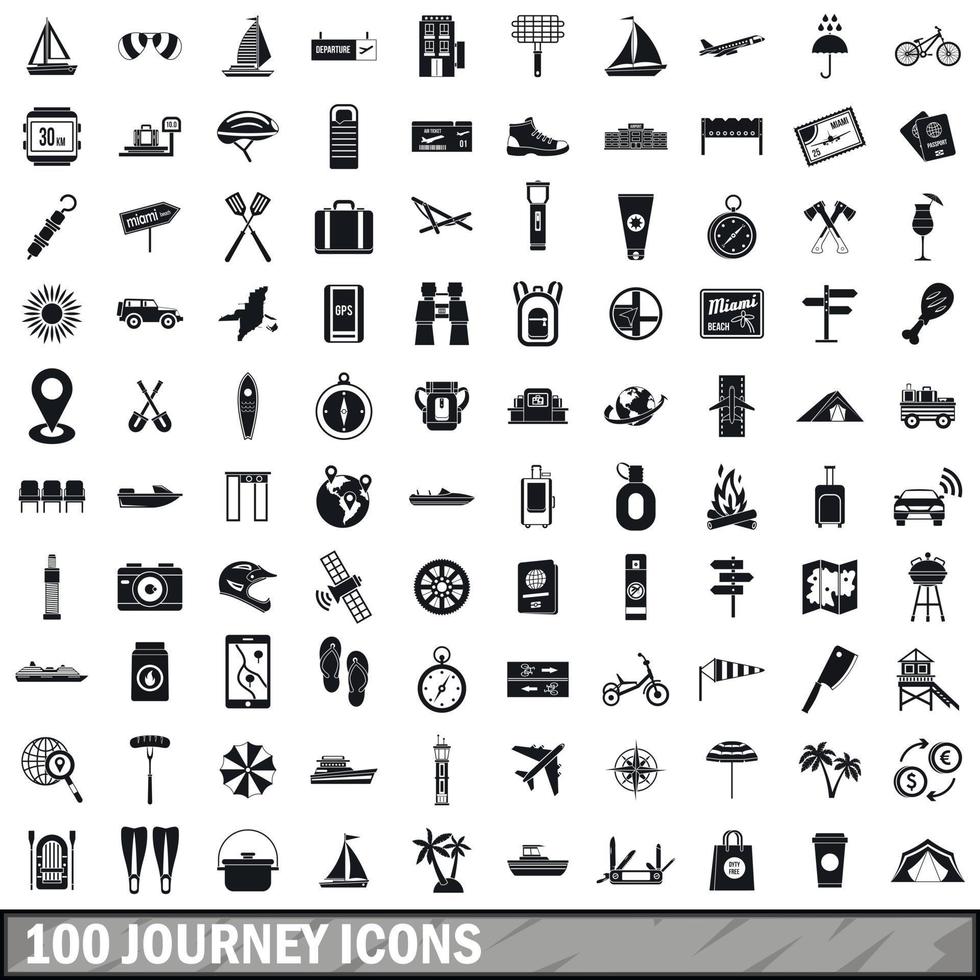 Ensemble de 100 icônes de voyage, style simple vecteur