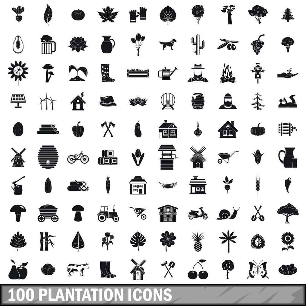 Ensemble de 100 icônes de plantation, style simple vecteur