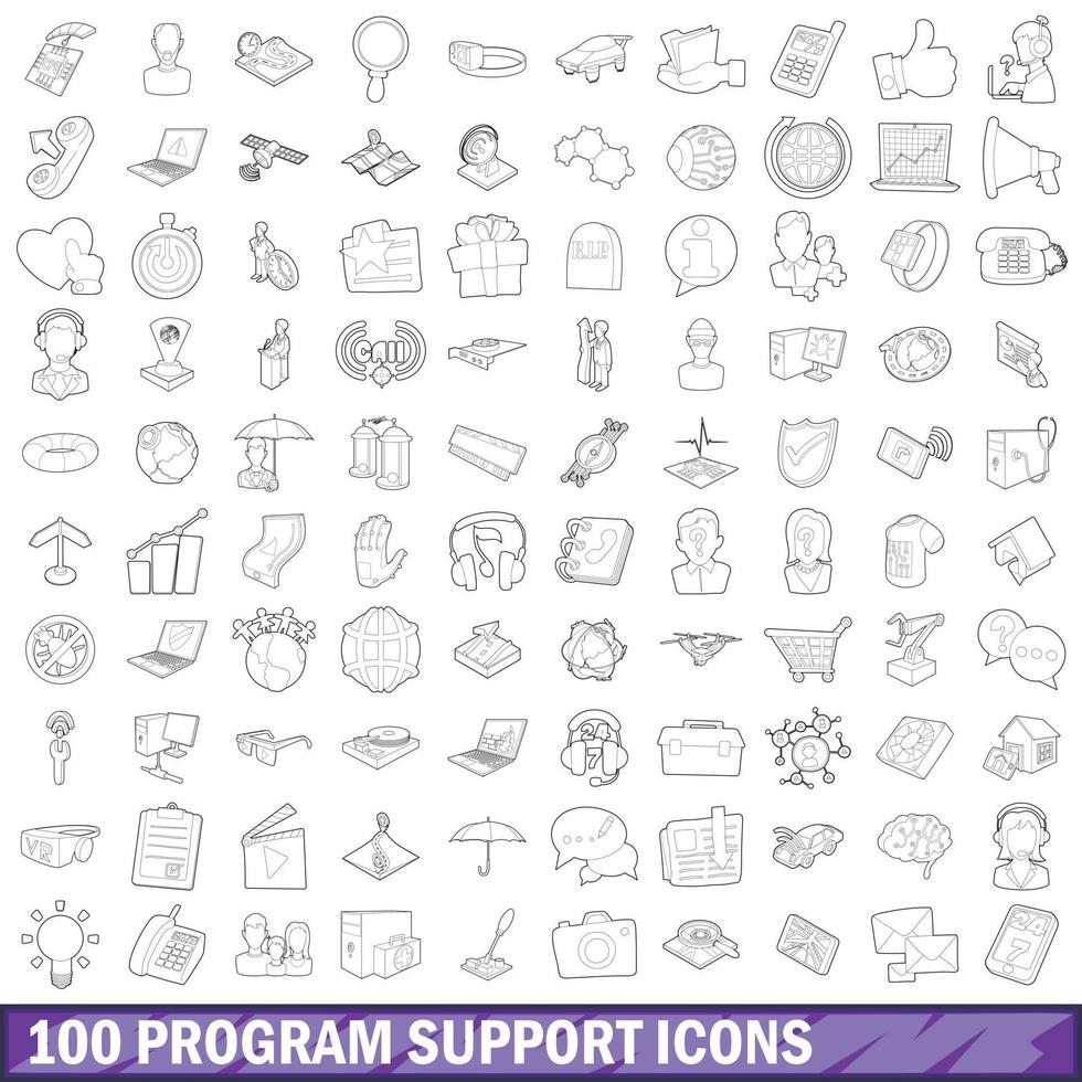 100 ensemble d'icônes de support de programme, style de contour vecteur