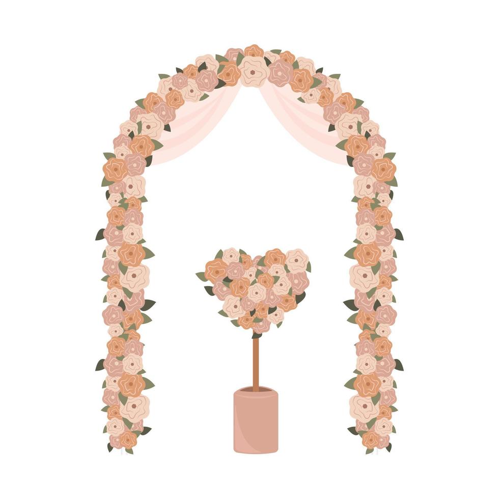 articles de décoration de fleurs de fête de mariage dans un style de dessin animé plat. arc de vecteur et coeur en pot