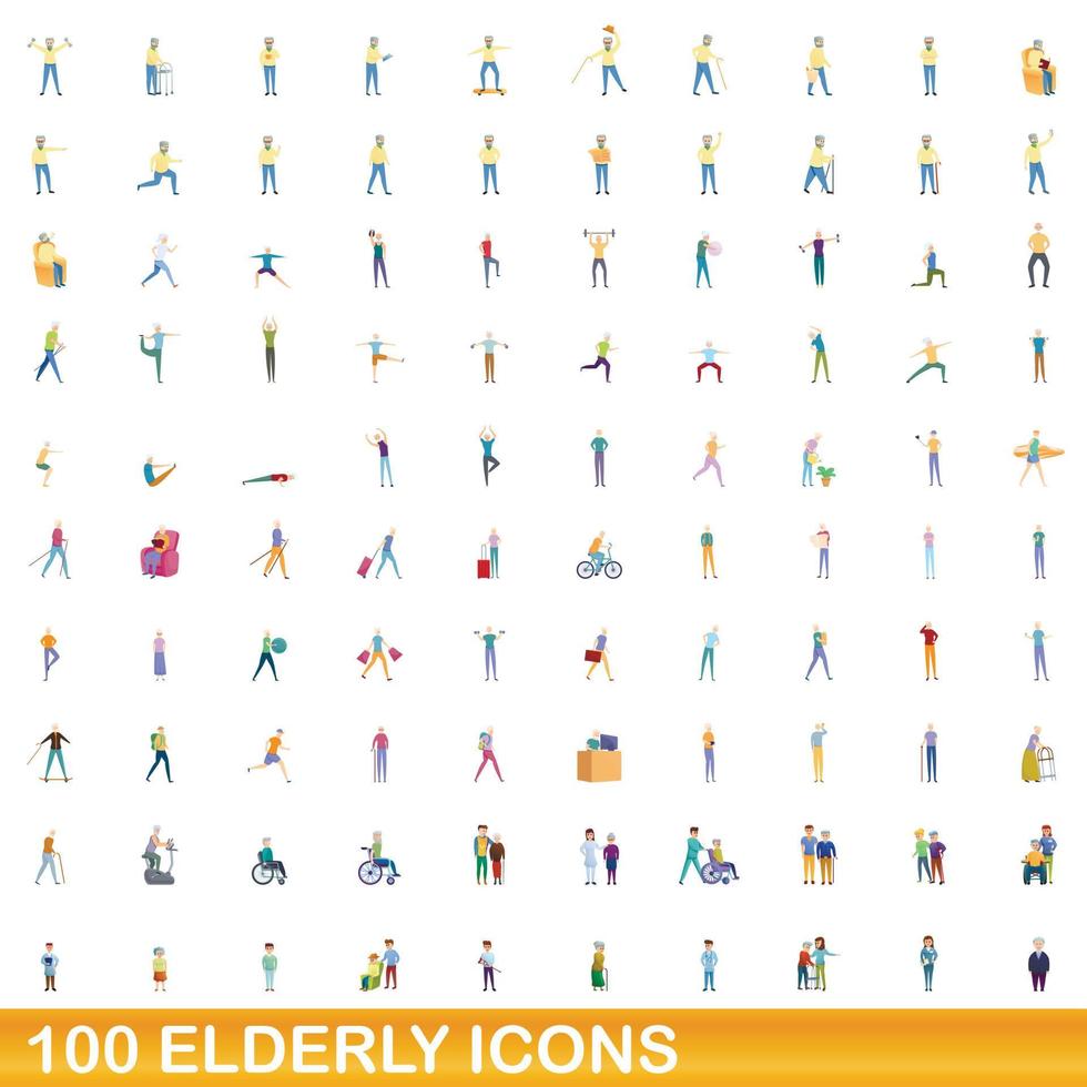 Ensemble de 100 icônes âgées, style dessin animé vecteur