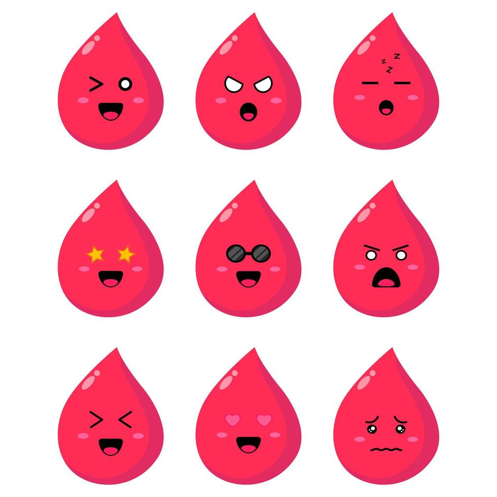 icônes vectorielles de groupe sanguin isolées sur blanc. gouttes de sang avec émoticône vecteur