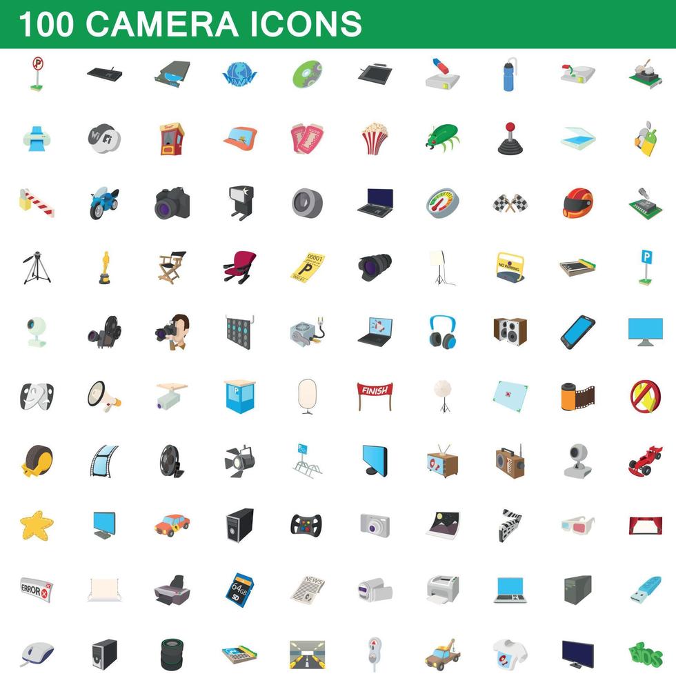 Ensemble de 100 icônes de caméra, style dessin animé vecteur