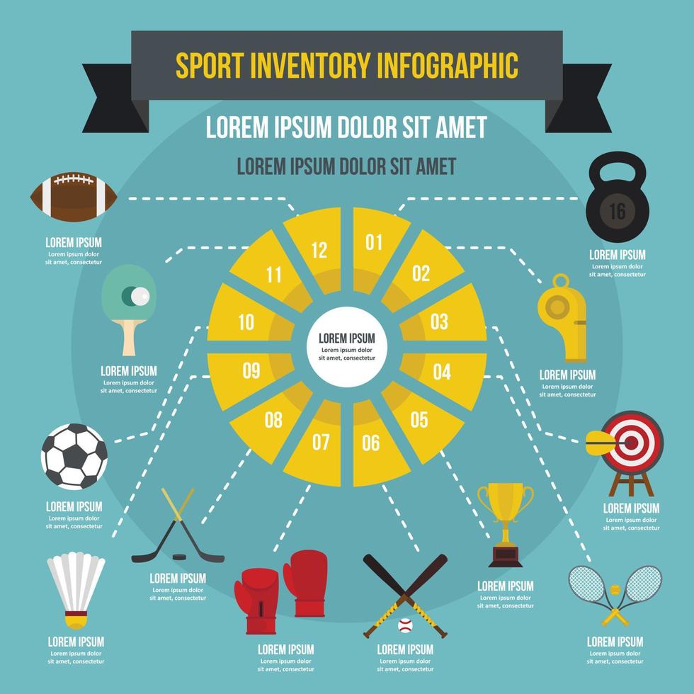 concept d'infographie d'inventaire de sport, style plat vecteur