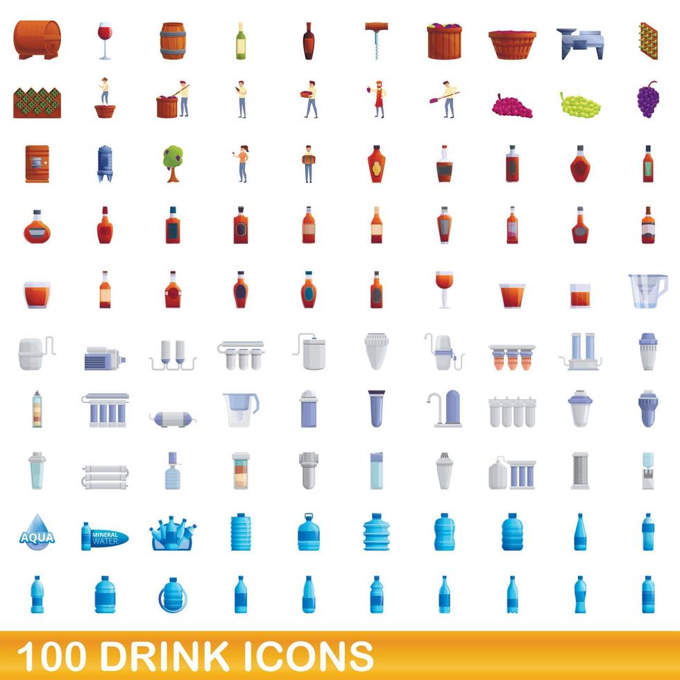 Ensemble de 100 icônes de boisson, style dessin animé vecteur