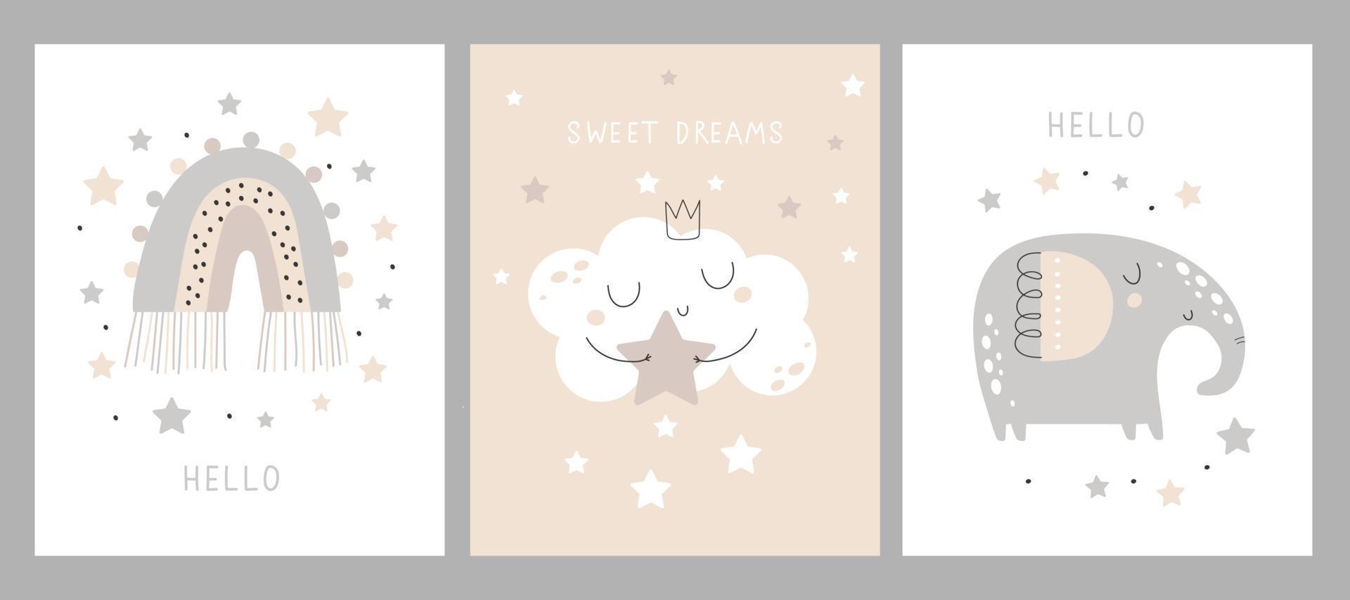 joli jeu de cartes pour bébé, affiches avec lapin, éléphant, lune. pour chambre de bébé, cartes de vœux et t-shirts bébé. illustrations vectorielles vecteur