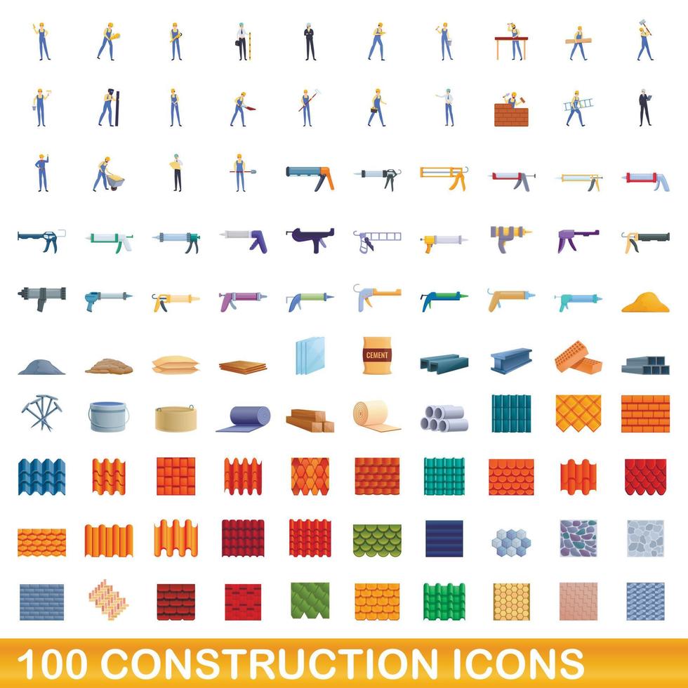 Ensemble de 100 icônes de construction, style dessin animé vecteur