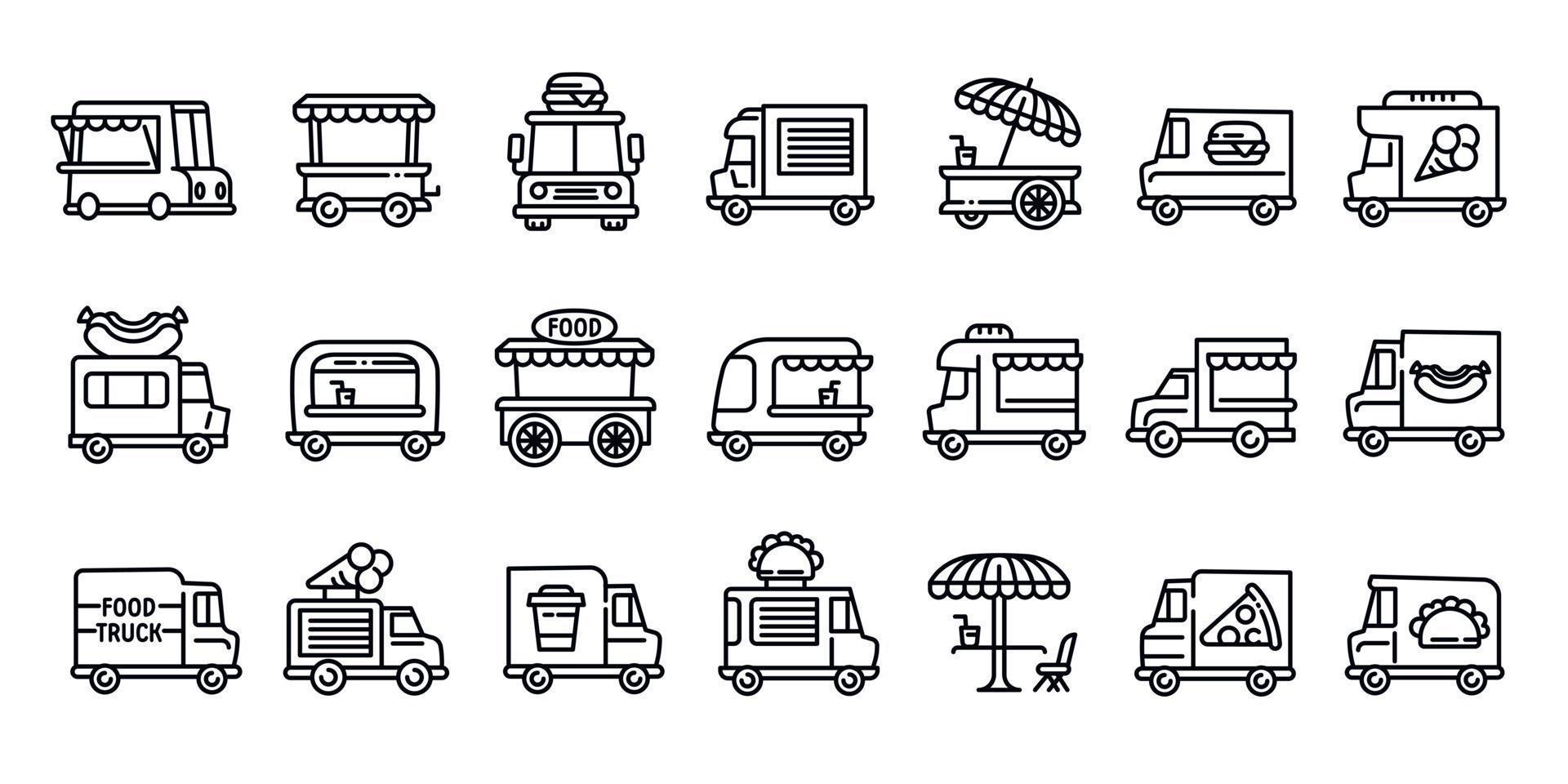 jeu d'icônes de camion de nourriture, style de contour vecteur