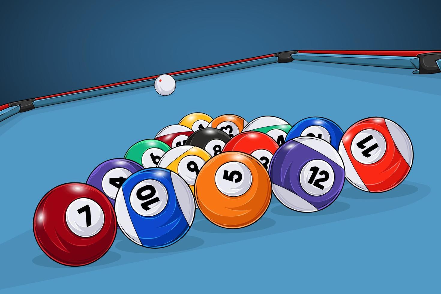 ensemble dessiné à la main de boules de billard en forme de triangle et la boule blanche dans la table de billard bleue vecteur