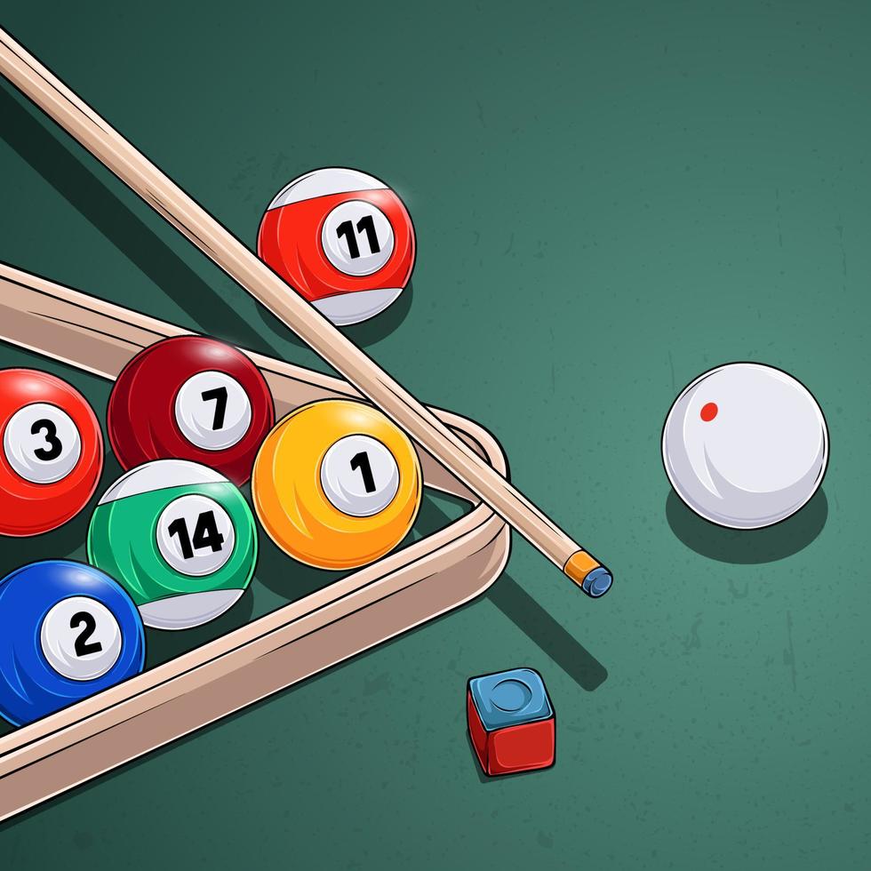 ensemble dessiné à la main de boules de billard avec craie de queue de triangle et boule de queue blanche dans une table de billard verte vecteur