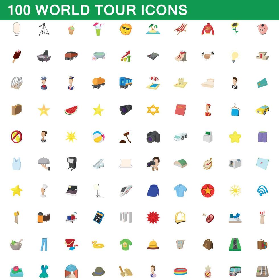 Ensemble de 100 icônes de tour du monde, style cartoon vecteur