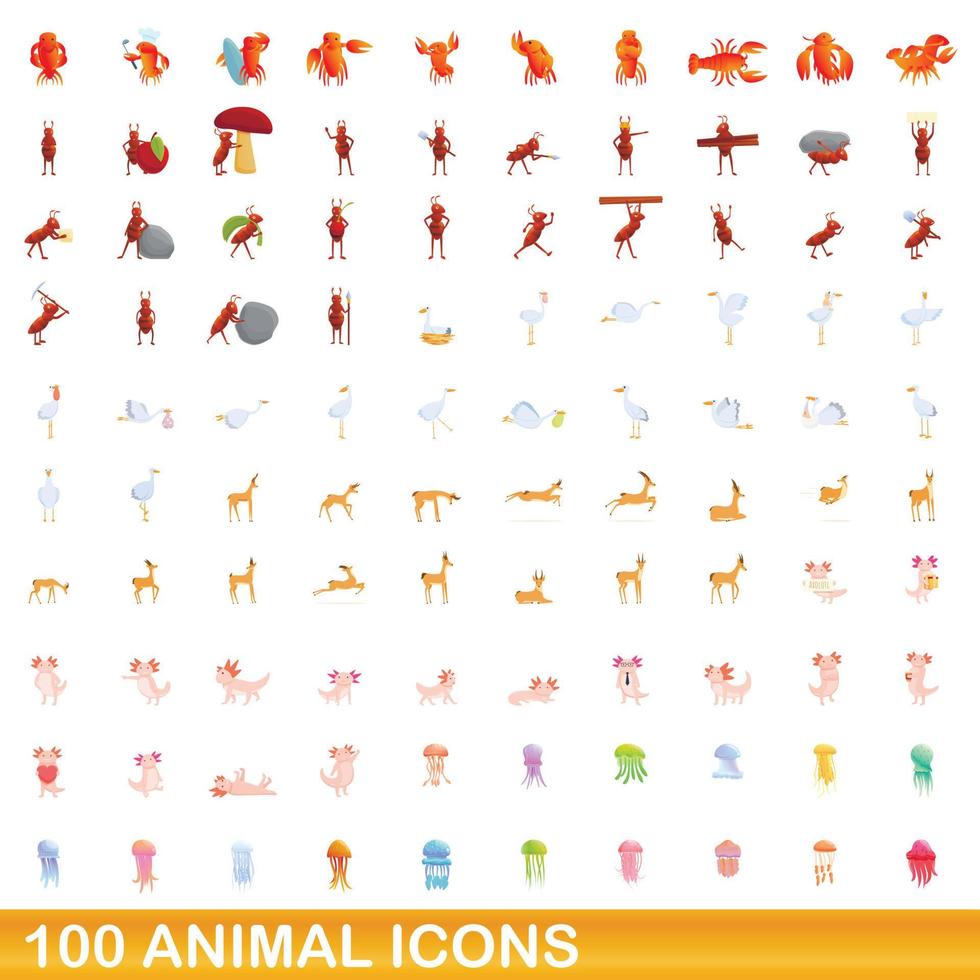 Ensemble de 100 icônes d'animaux, style dessin animé vecteur