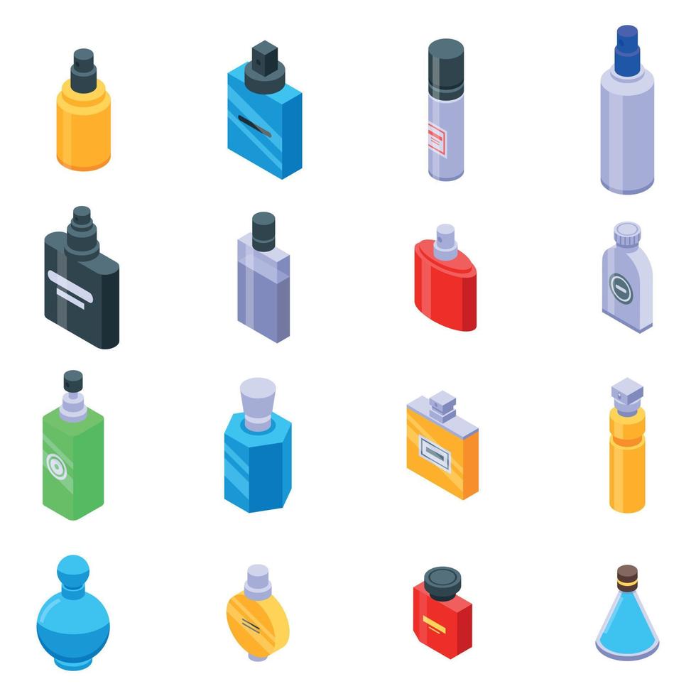 ensemble d'icônes de bouteilles de parfum, style isométrique vecteur