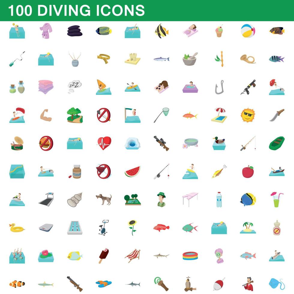 Ensemble de 100 icônes de plongée, style cartoon vecteur