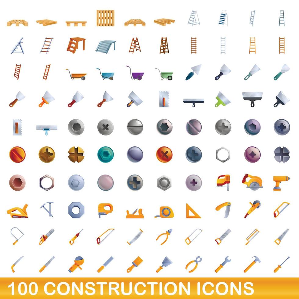 Ensemble de 100 icônes de construction, style dessin animé vecteur