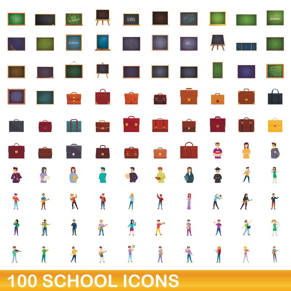 Ensemble de 100 icônes d'école, style cartoon vecteur