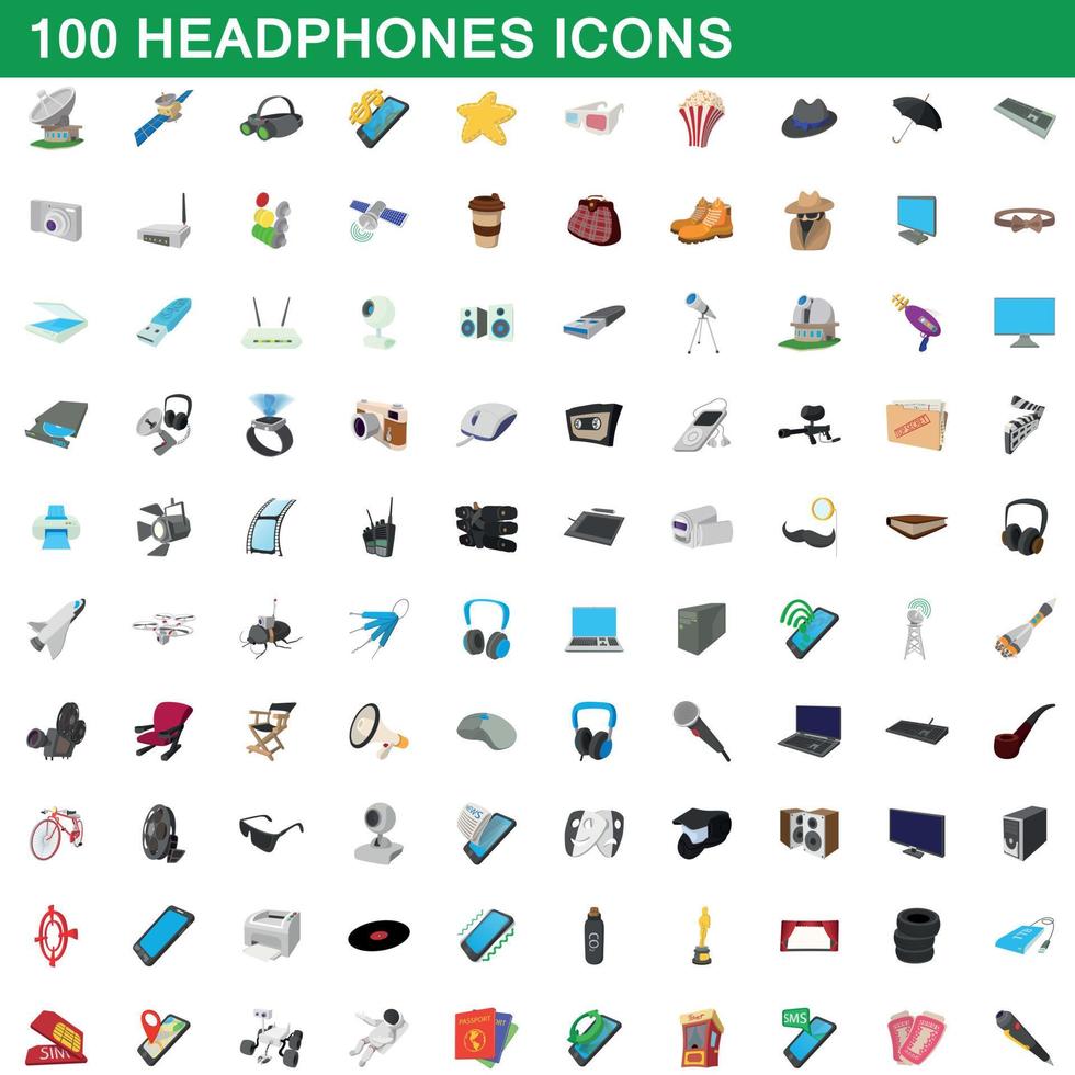 Ensemble de 100 icônes de casque, style cartoon vecteur