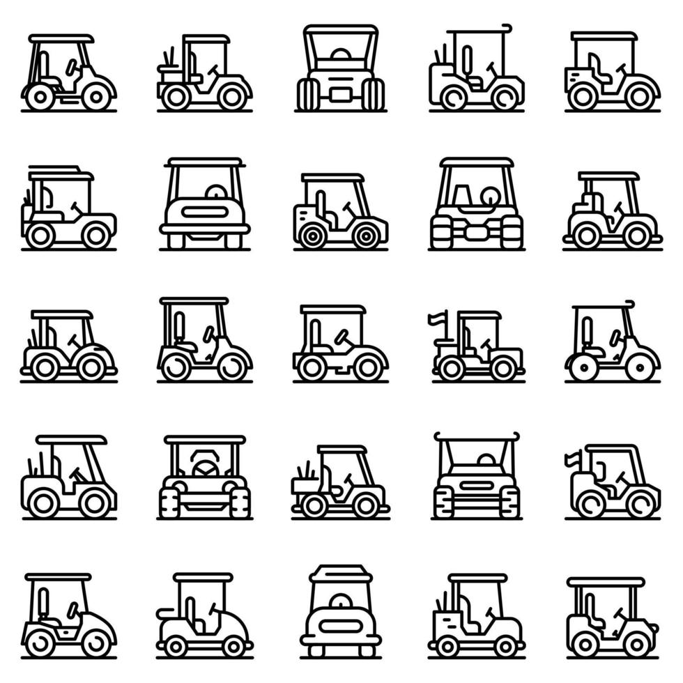 jeu d'icônes de voiturette de golf, style de contour vecteur