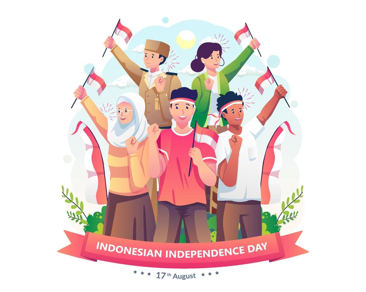 les gens célèbrent le jour de l'indépendance de l'indonésie en levant chacun le drapeau indonésien rouge et blanc. fête de l'indépendance de l'indonésie le 17 août. illustration vectorielle dans un style plat vecteur
