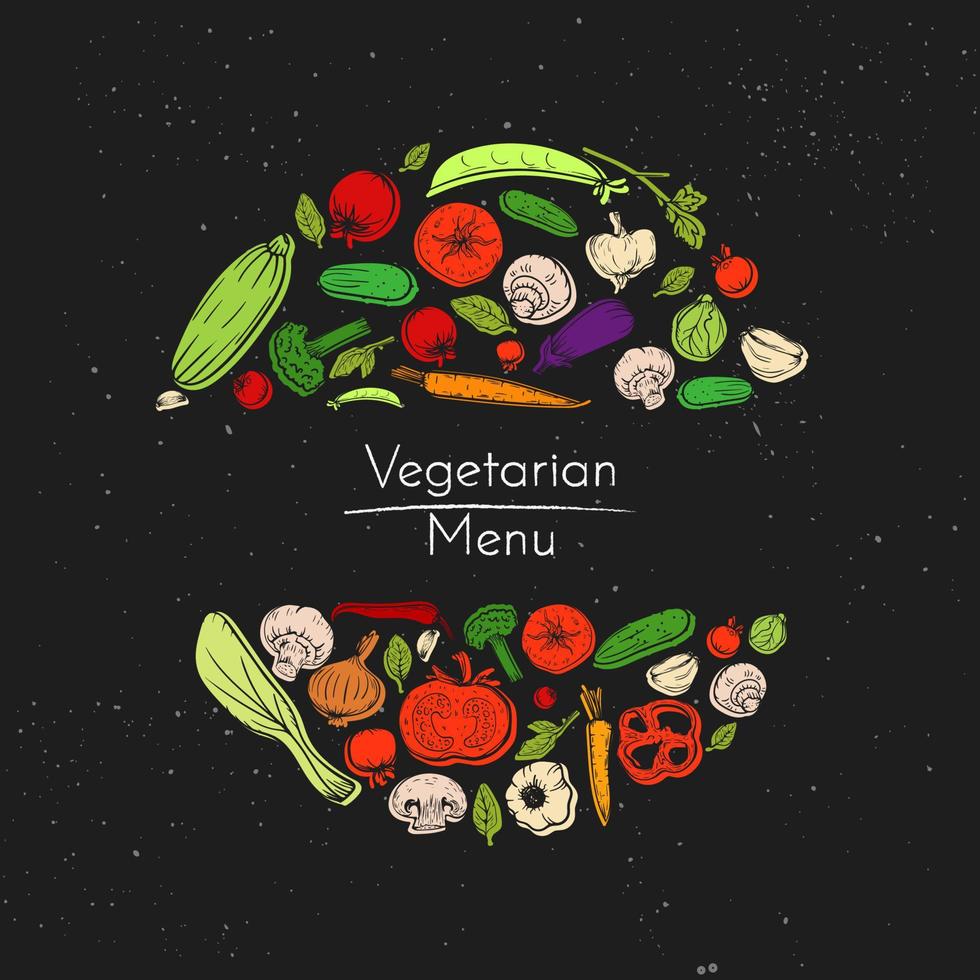 fond de tableau noir de vecteur avec des légumes et place pour le texte. croquis coloré doodle nourriture dans le cadre du cercle végétalien organique dessin illustration pour le menu du restaurant