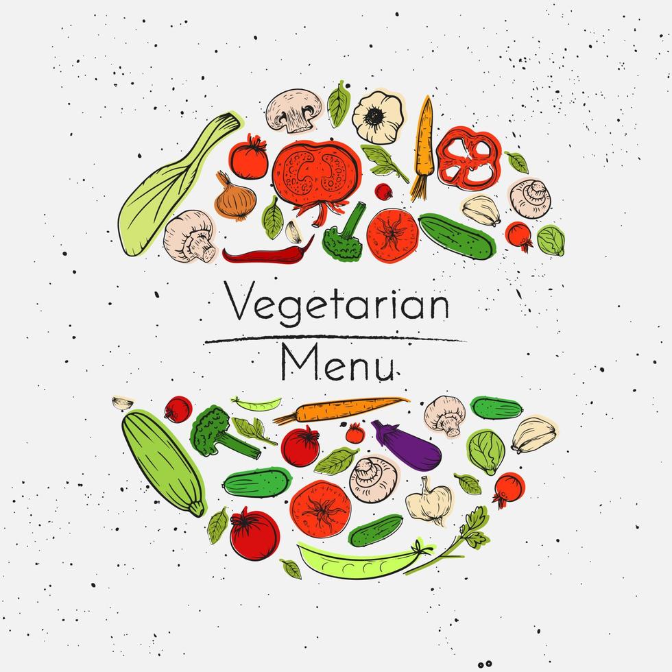 fond grunge vectoriel avec ensemble de légumes et place pour le texte. esquisser un repas de doodle coloré dans un cadre circulaire illustration de dessin organique pour un menu de restaurant végétarien ou une recette ou un paquet