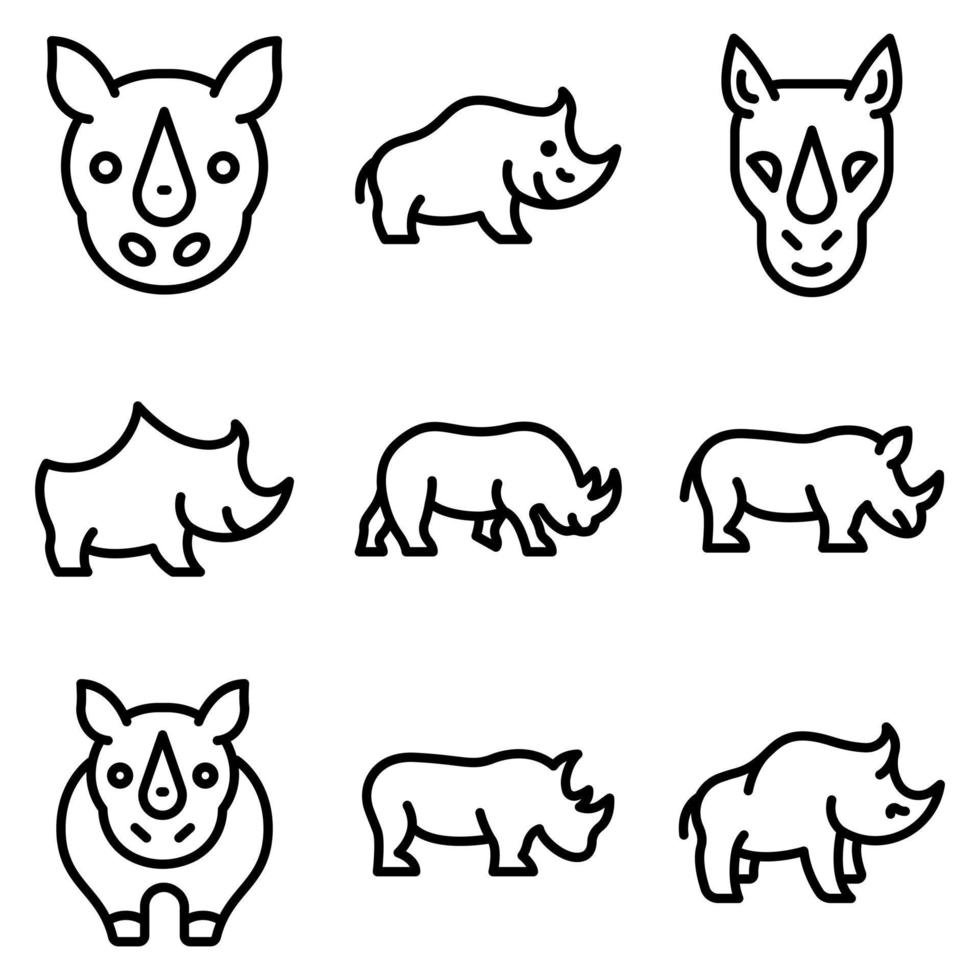 jeu d'icônes de rhinocéros, style de contour vecteur