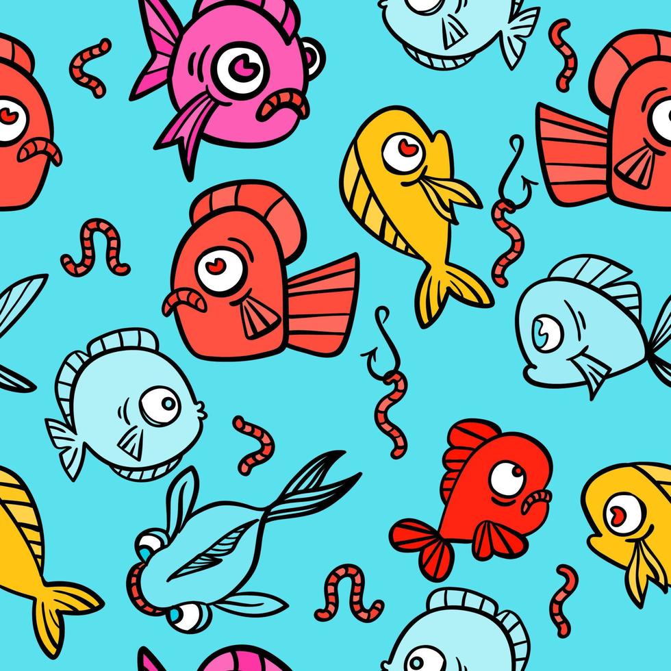 modèle sans couture avec des poissons drôles dessinés à la main dans le style de croquis, illustration vectorielle, marine décorative avec bulle et vers. vecteur