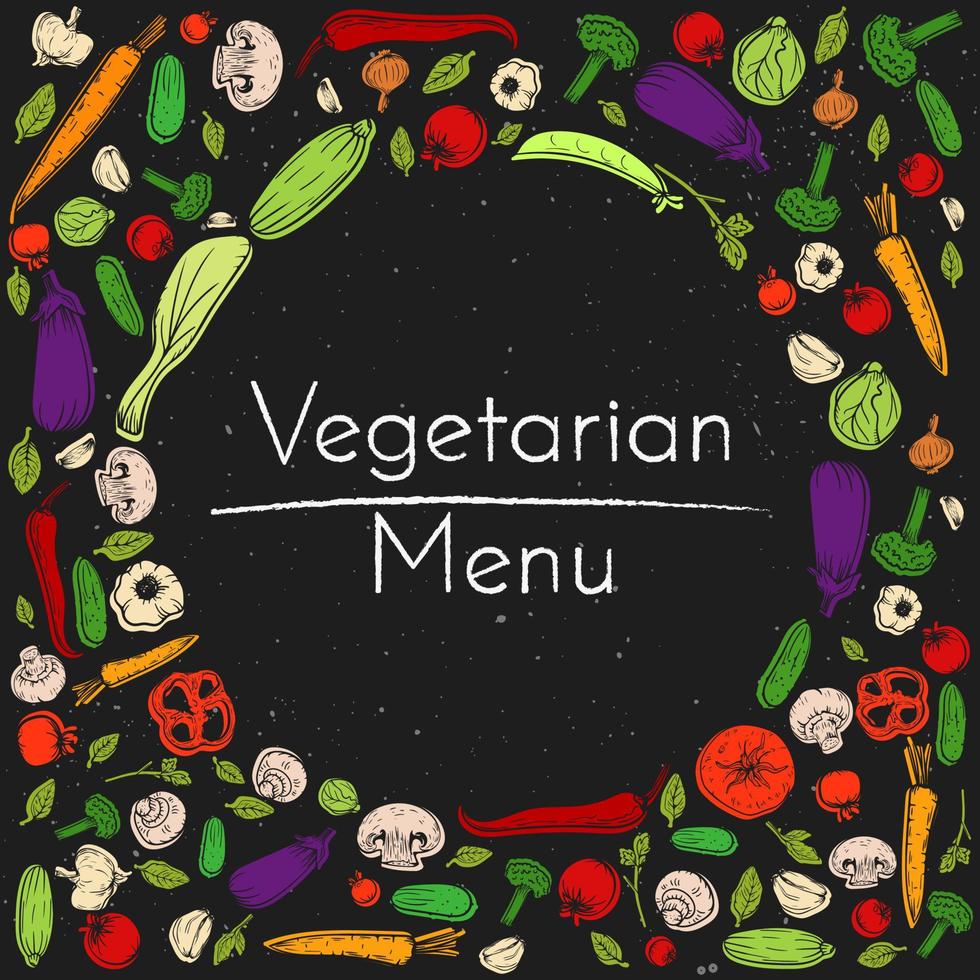 fond grunge vectoriel avec ensemble de légumes et place pour le texte. esquisser un repas de doodle coloré dans un cadre circulaire illustration de dessin organique pour un menu de restaurant végétarien ou une recette ou un paquet
