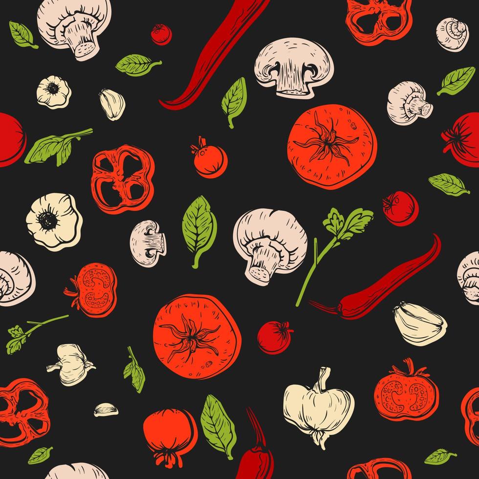 modèle sans couture avec croquis dessinés à la main légumes tomate, poivre, ail, champignons pour recette de pizza, paquet, menu, cuisine. fond noir de vecteur d'aliments sains, affiche ou bannière