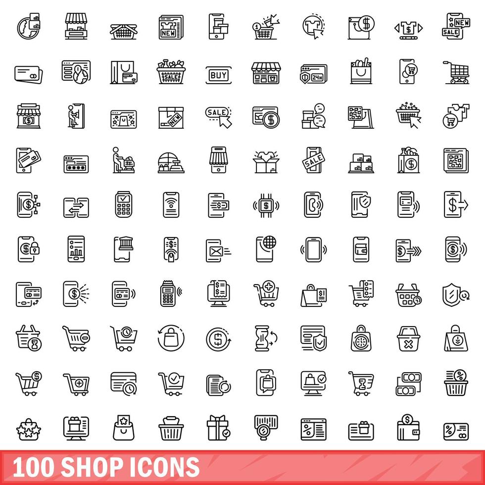 Ensemble de 100 icônes de magasin, style de contour vecteur