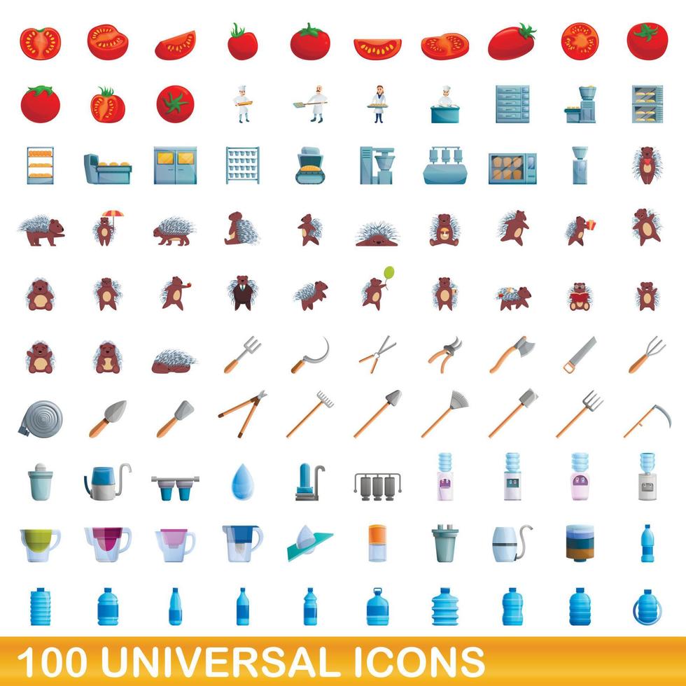 Ensemble de 100 icônes universelles, style dessin animé vecteur