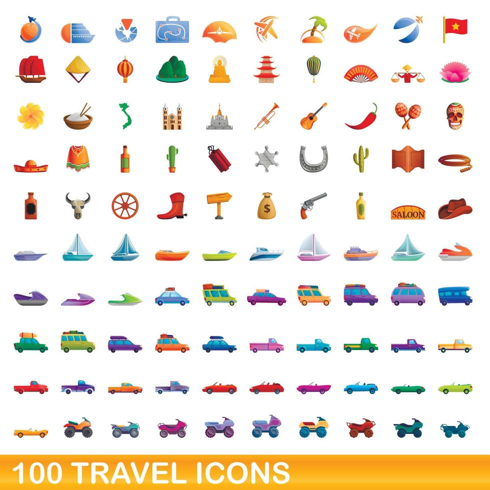 Ensemble de 100 icônes de voyage, style dessin animé vecteur