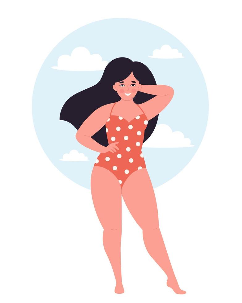 jolie femme en surpoids en maillot de bain. bonjour l'été, l'été, les vacances vecteur