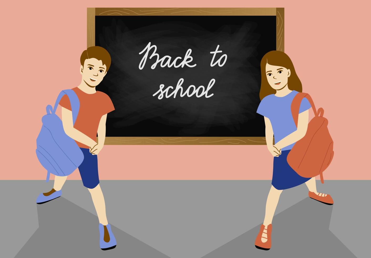 tableau de retour à l'école avec texte, deux écoliers fille et garçon avec des cartables sur l'illustration vectorielle de fond de tableau noir. vecteur