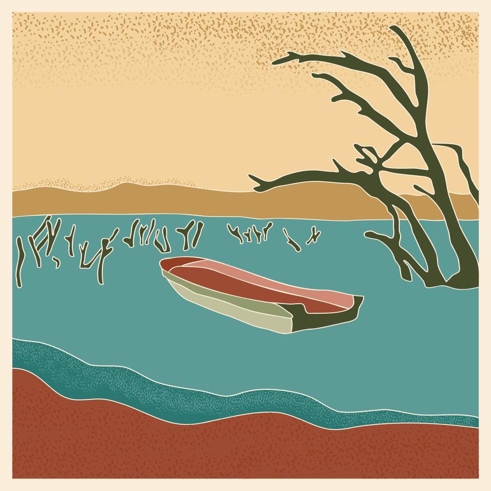 affiche abstraite de paysage rétro. bateau stylisé dans le lac avec des troncs d'arbres secs, des montagnes à l'horizon illustration vectorielle avec des bruits vecteur