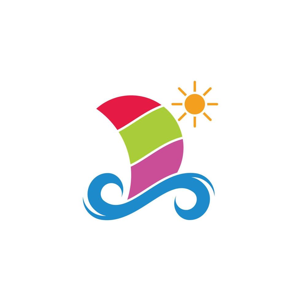 coloré, soleil, vagues, bateau, géométrique, voile, symbole, logo, vecteur