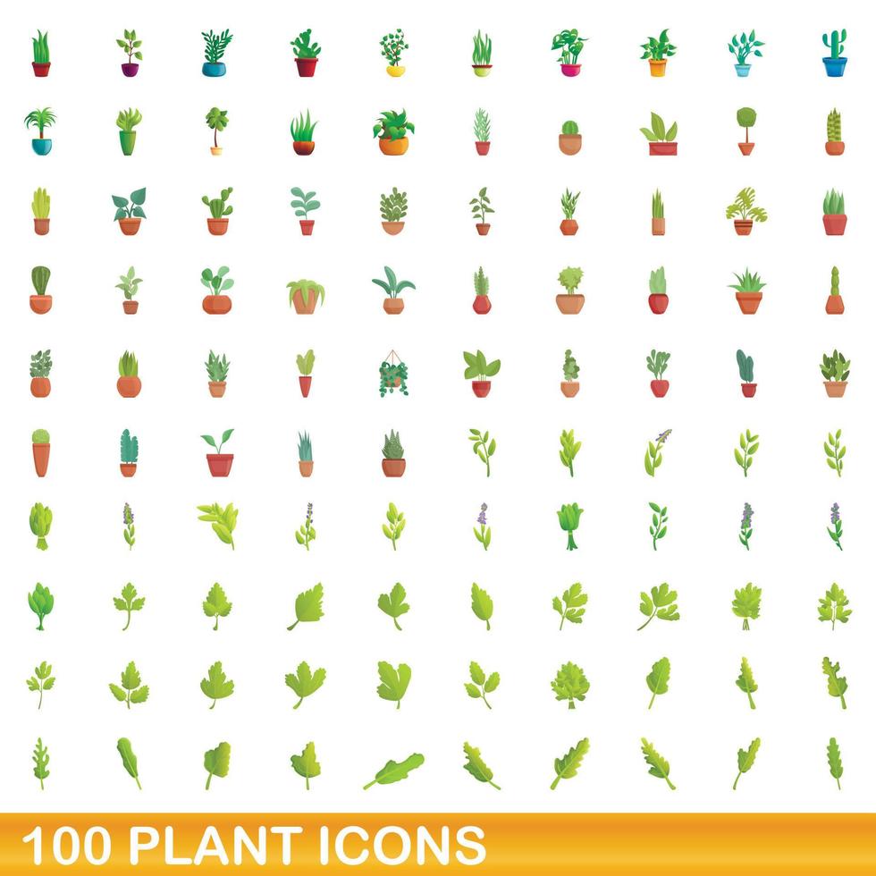 Ensemble de 100 icônes de plantes, style dessin animé vecteur