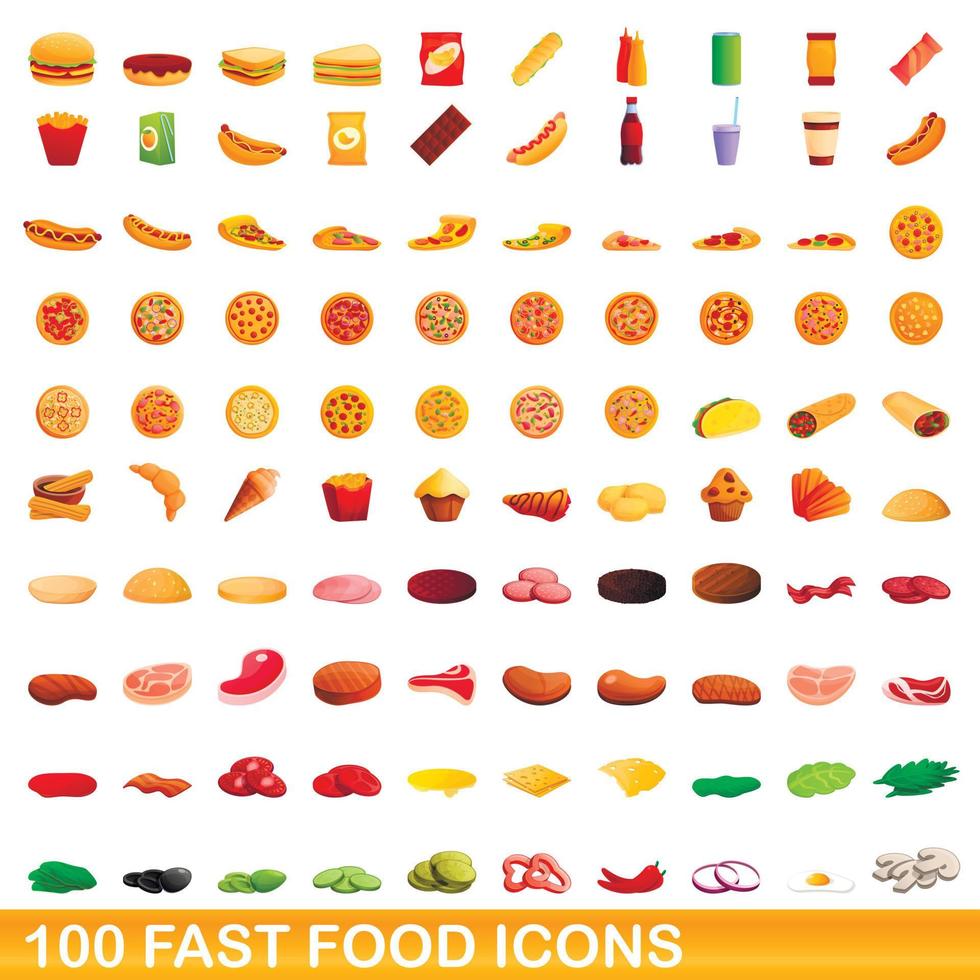 Ensemble de 100 icônes de restauration rapide, style cartoon vecteur