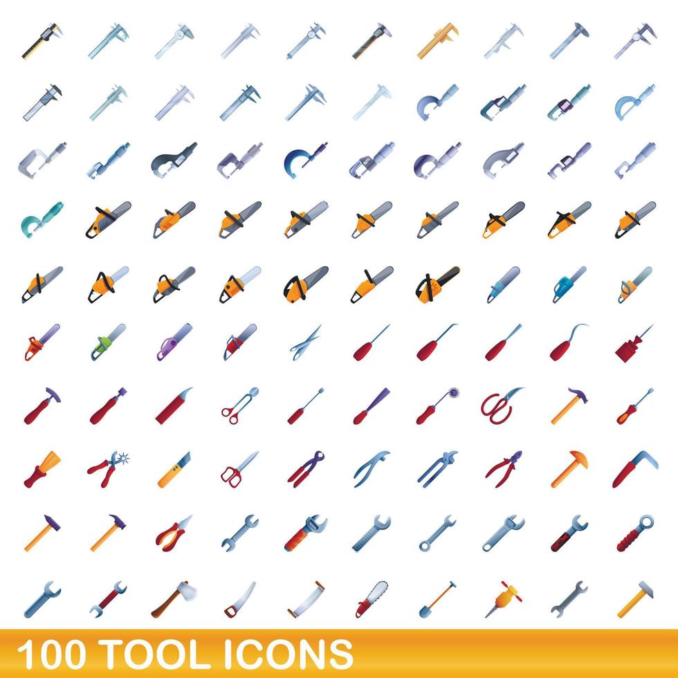 Ensemble de 100 icônes d'outils, style dessin animé vecteur